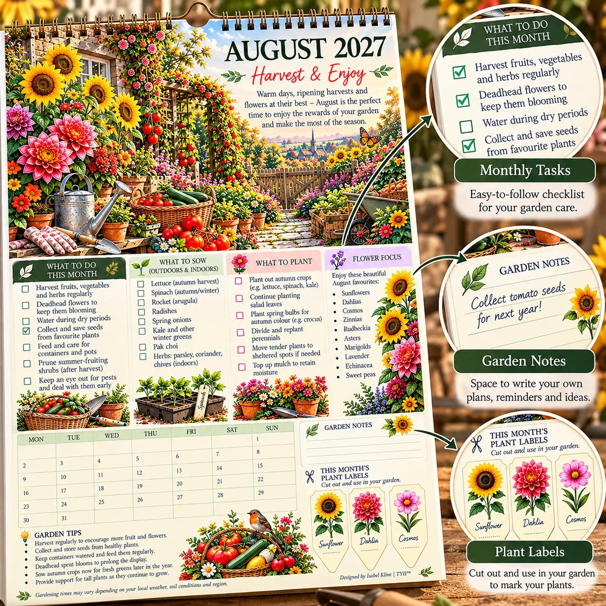2027 Four Seasons Gardening Calendar & Monthly Planner – A4 Wall Calendar with Planting Guide, Garden Tasks & Plant Labels | ATTROBUY™