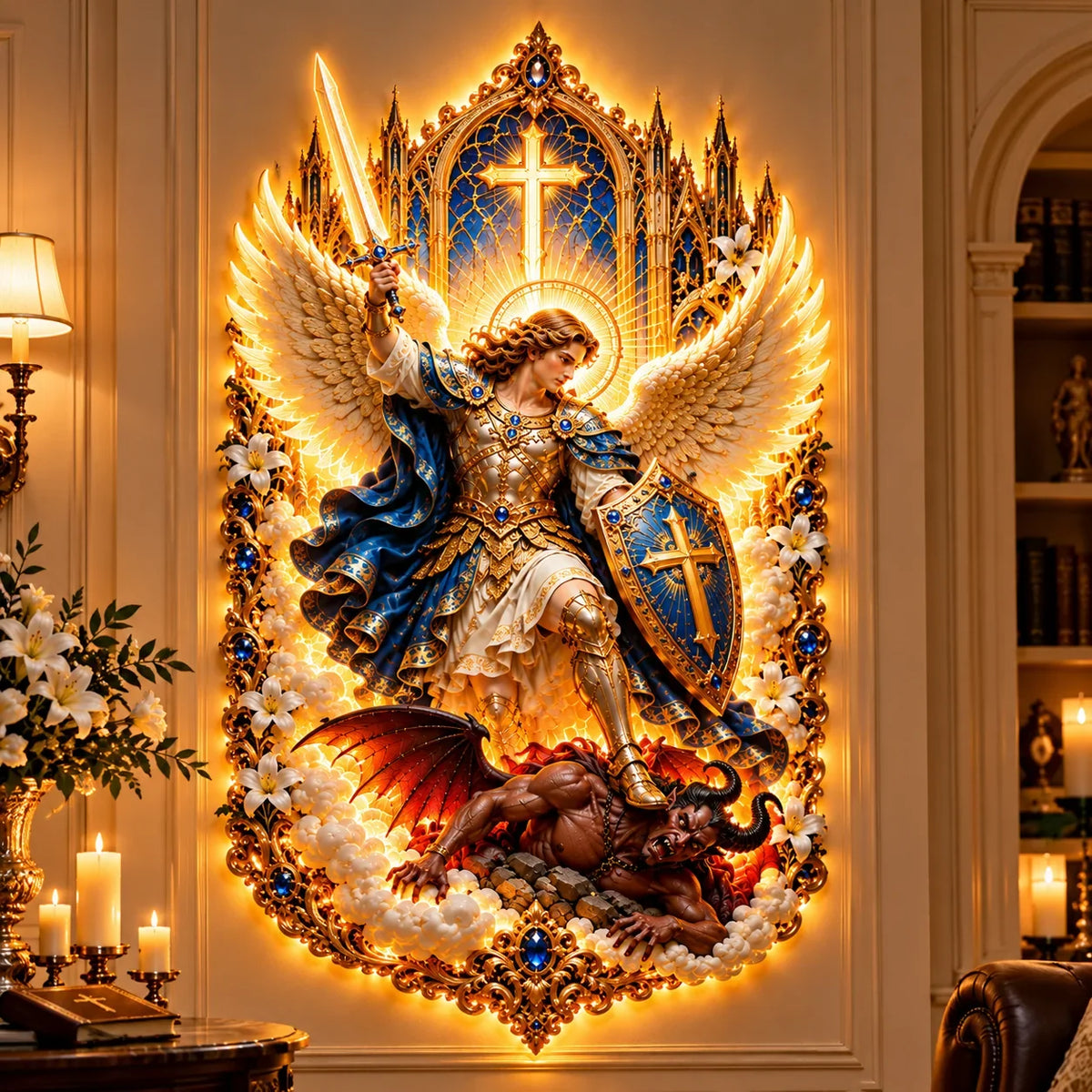 🛡️ Let Faith Conquer Darkness! ✨ Saint Michael the Archangel – Divine Protection Illuminated Wall Art
