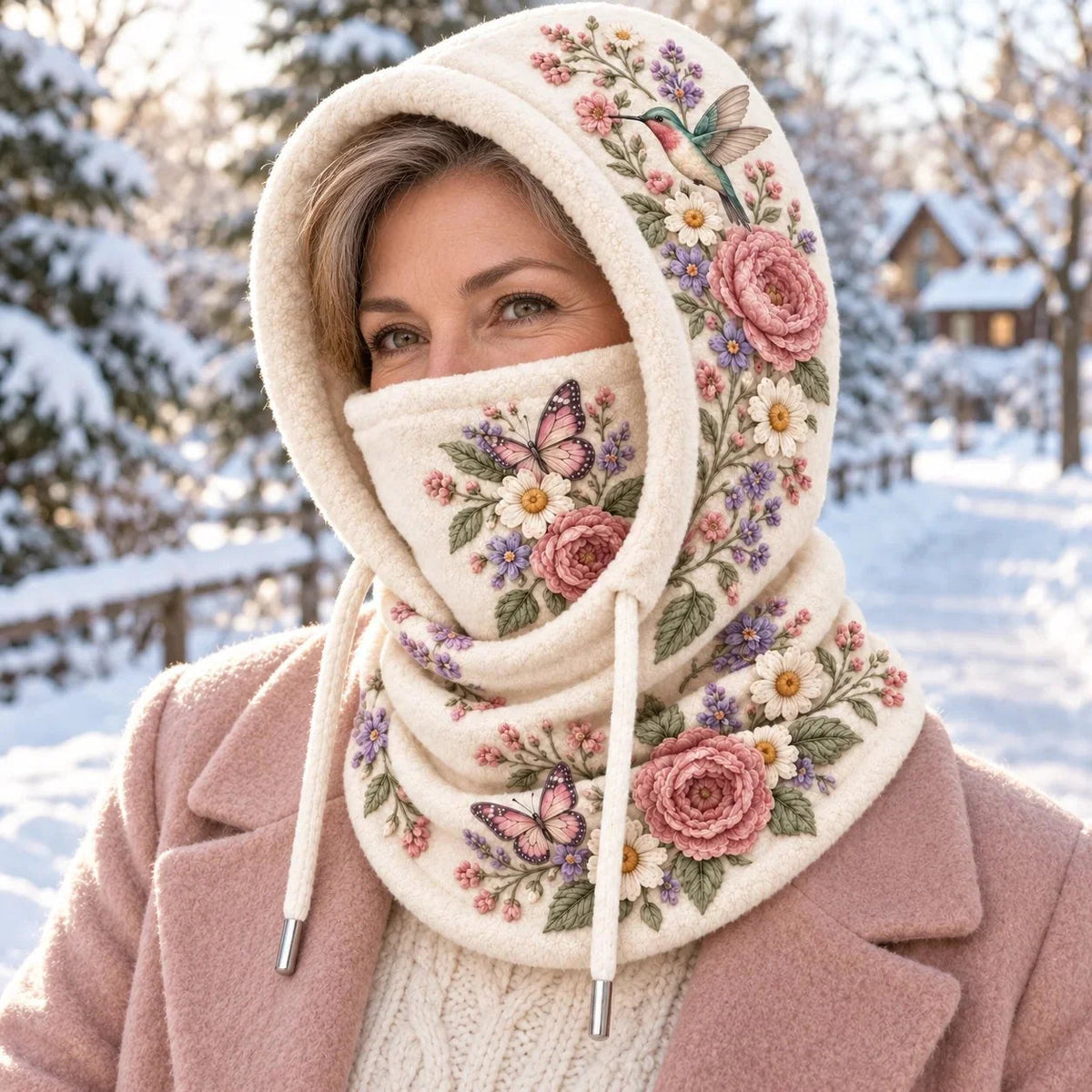 🌸 Women’s Floral 3-in-1 Winter Hood – Fleece-lined Hat, Face Cover & Neck Warmer🔥
