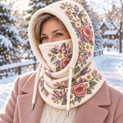 🌸 Women’s Floral 3-in-1 Winter Hood – Fleece-lined Hat, Face Cover & Neck Warmer🔥