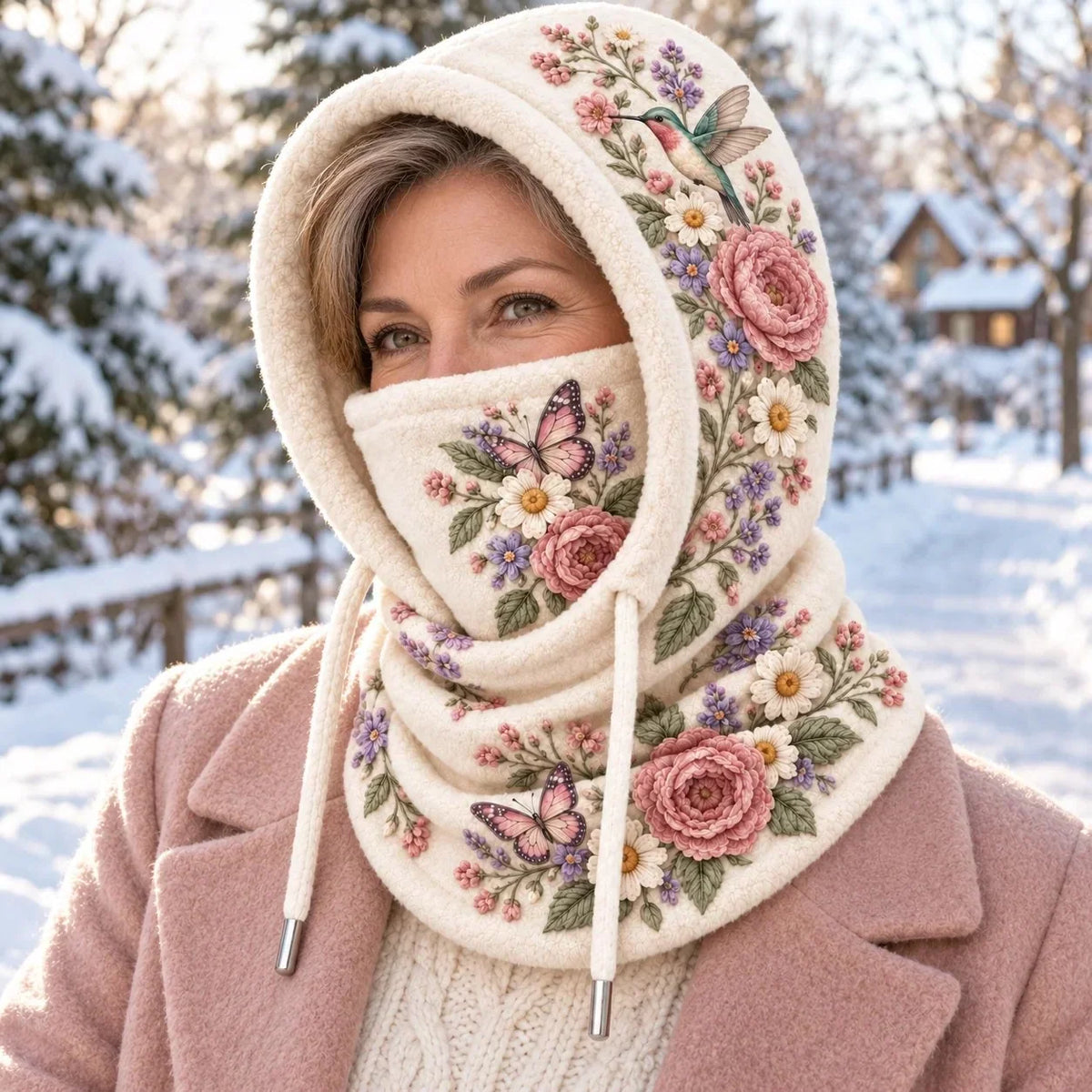 🌸 Women’s Floral 3-in-1 Winter Hood – Fleece-lined Hat, Face Cover & Neck Warmer🔥