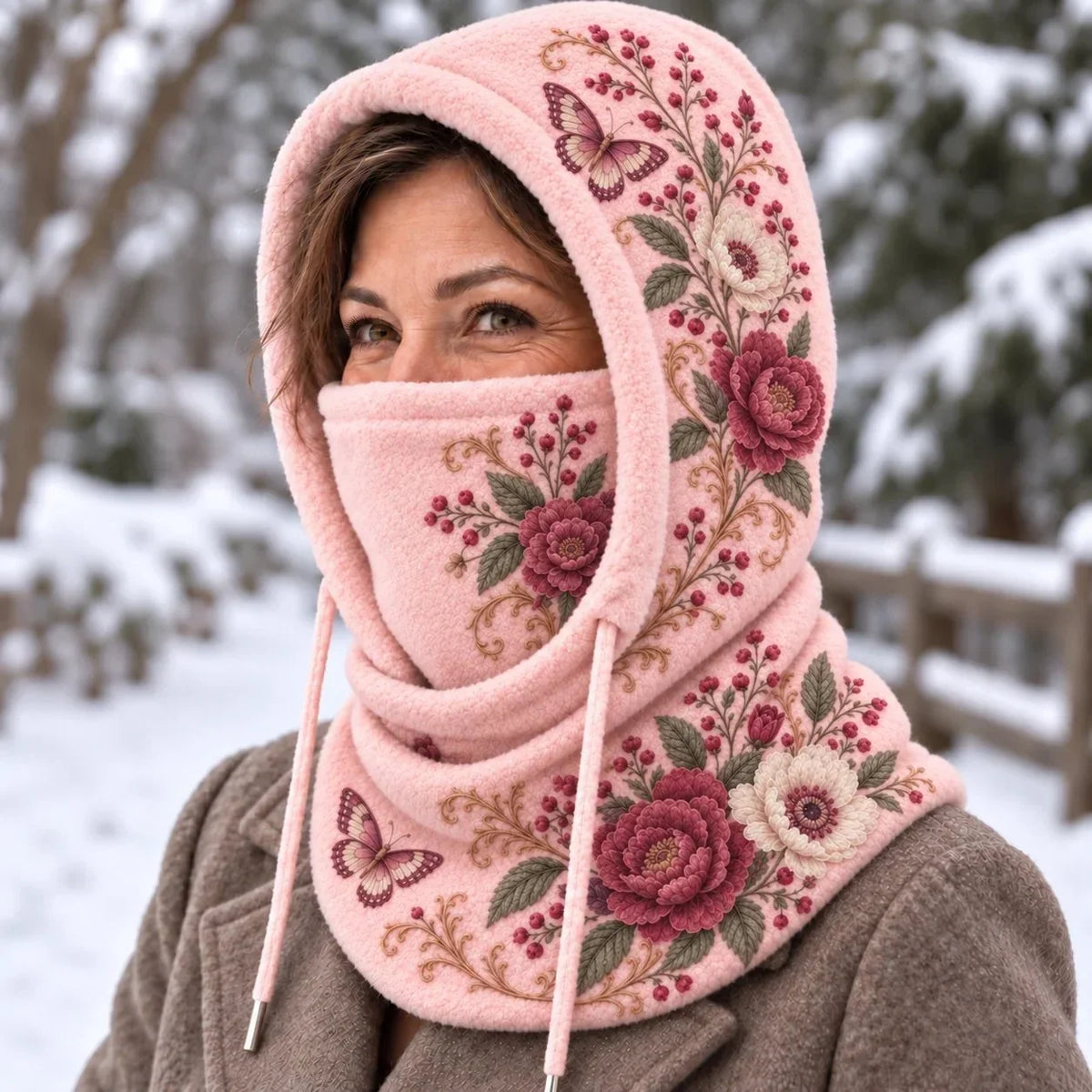 🌸 Women’s Floral 3-in-1 Winter Hood – Fleece-lined Hat, Face Cover & Neck Warmer🔥