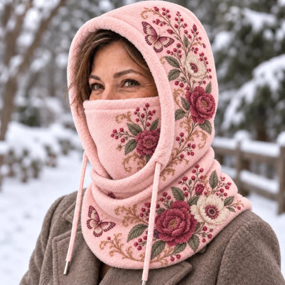 🌸 Women’s Floral 3-in-1 Winter Hood – Fleece-lined Hat, Face Cover & Neck Warmer🔥