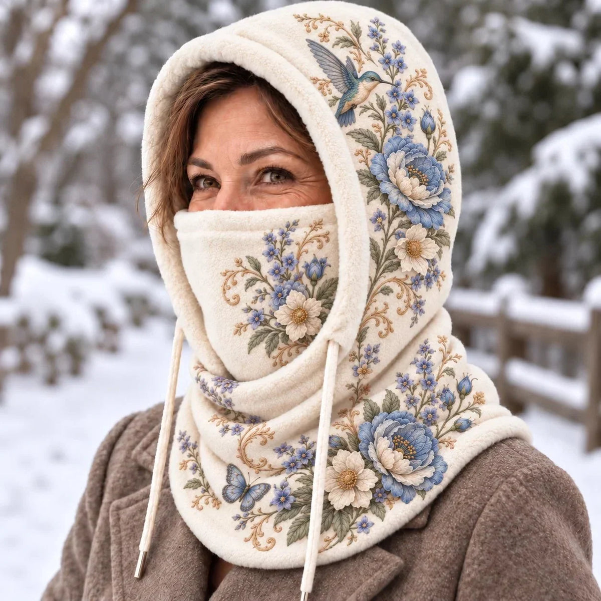 🌸 Women’s Floral 3-in-1 Winter Hood – Fleece-lined Hat, Face Cover & Neck Warmer🔥