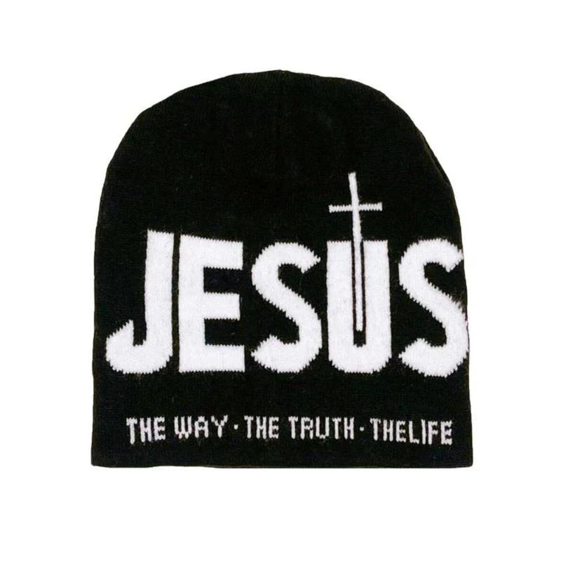 Unisex Y2K Heart & Cross Jacquard Knit Beanie Cap for Cold Weather
