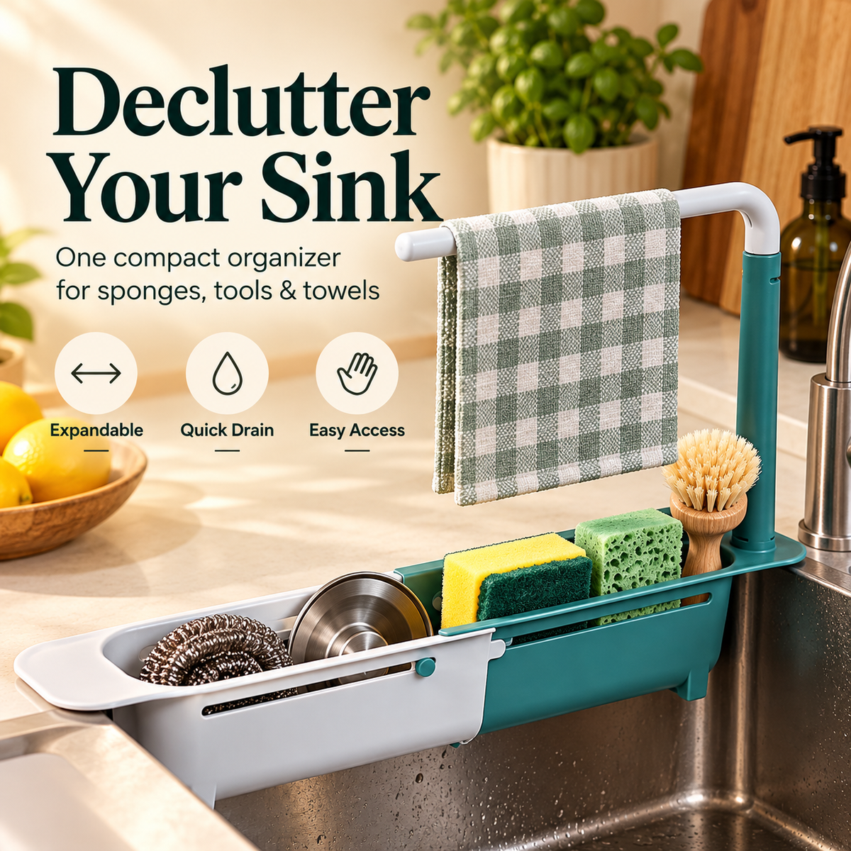 🧽✨ Expandable Over-the-Sink Organizer Rack 🫧🚰 | Adjustable Sponge Holder, Dish Brush Storage & Towel Bar 🧼🧺💚 | Space-Saving Kitchen Sink Caddy for a Cleaner, Clutter-Free Countertop 🏡🌿👌