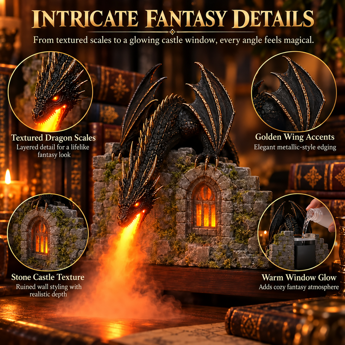 ✨🐉 Drachen-Luftbefeuchter mit Flammeneffekt – Mystischer Fantasy-Nebel für Ihre Leseecke