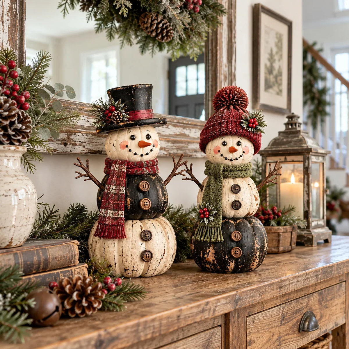 ☃️ Vintage Pumpkin Snowman Duo – Rustic Black & Ivory Farmhouse Christmas Decor