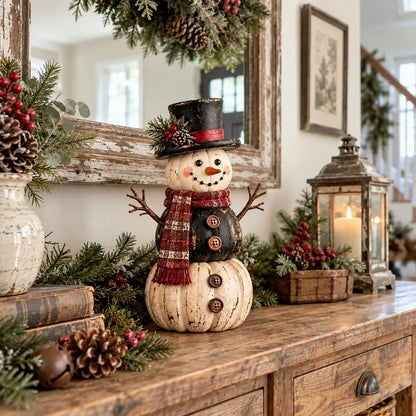 ☃️ Vintage Pumpkin Snowman Duo – Rustic Black & Ivory Farmhouse Christmas Decor