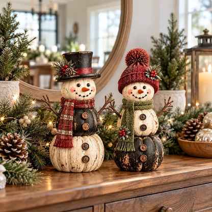 ☃️ Vintage Pumpkin Snowman Duo – Rustic Black & Ivory Farmhouse Christmas Decor