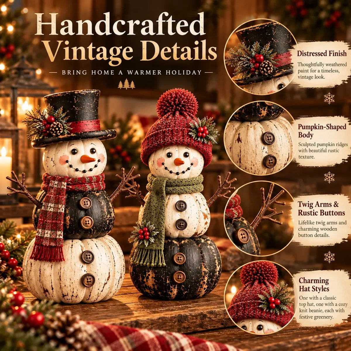 ☃️ Vintage Pumpkin Snowman Duo – Rustic Black & Ivory Farmhouse Christmas Decor