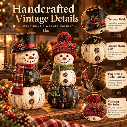 ☃️ Vintage Pumpkin Snowman Duo – Rustic Black & Ivory Farmhouse Christmas Decor