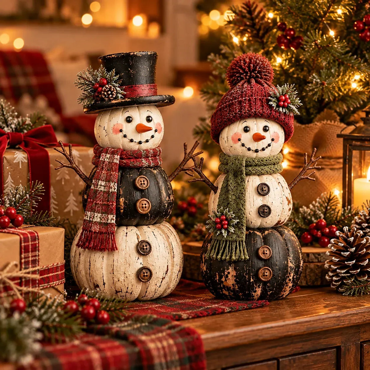 ☃️ Vintage Pumpkin Snowman Duo – Rustic Black & Ivory Farmhouse Christmas Decor