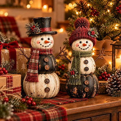 ☃️ Vintage Pumpkin Snowman Duo – Rustic Black & Ivory Farmhouse Christmas Decor