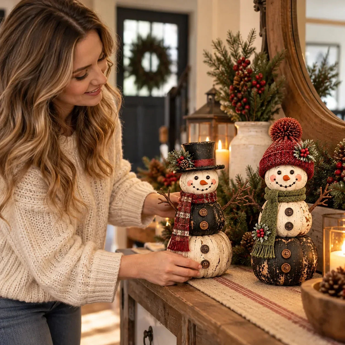 ☃️ Vintage Pumpkin Snowman Duo – Rustic Black & Ivory Farmhouse Christmas Decor