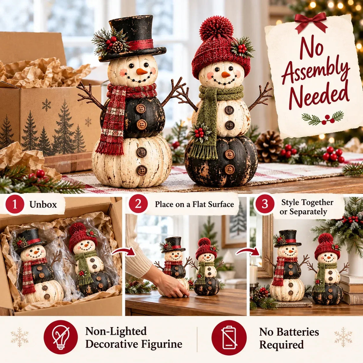 ☃️ Vintage Pumpkin Snowman Duo – Rustic Black & Ivory Farmhouse Christmas Decor