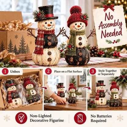 ☃️ Vintage Pumpkin Snowman Duo – Rustic Black & Ivory Farmhouse Christmas Decor