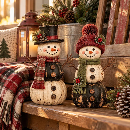 ☃️ Vintage Pumpkin Snowman Duo – Rustic Black & Ivory Farmhouse Christmas Decor