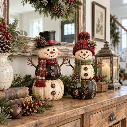 ☃️ Vintage Pumpkin Snowman Duo – Rustic Black & Ivory Farmhouse Christmas Decor