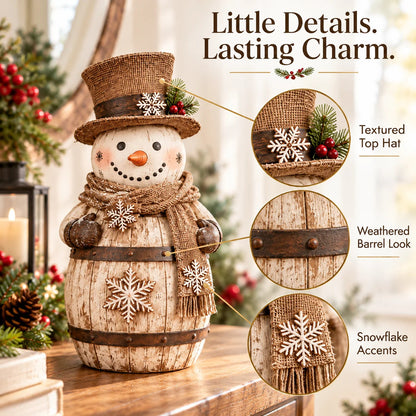 ☃️🎄 Frosted Barrel Snowman™ | Vintage Christmas Figurine
