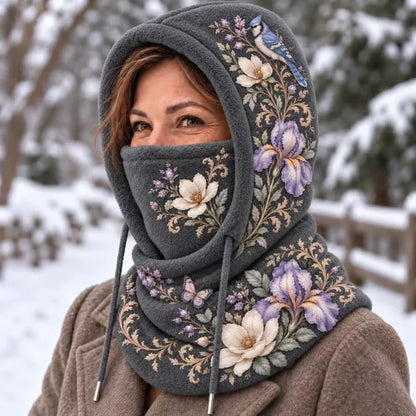 🌸 Women’s Floral 3-in-1 Winter Hood – Fleece-Lined Embroidered Hat, Face Cover & Neck Warmer