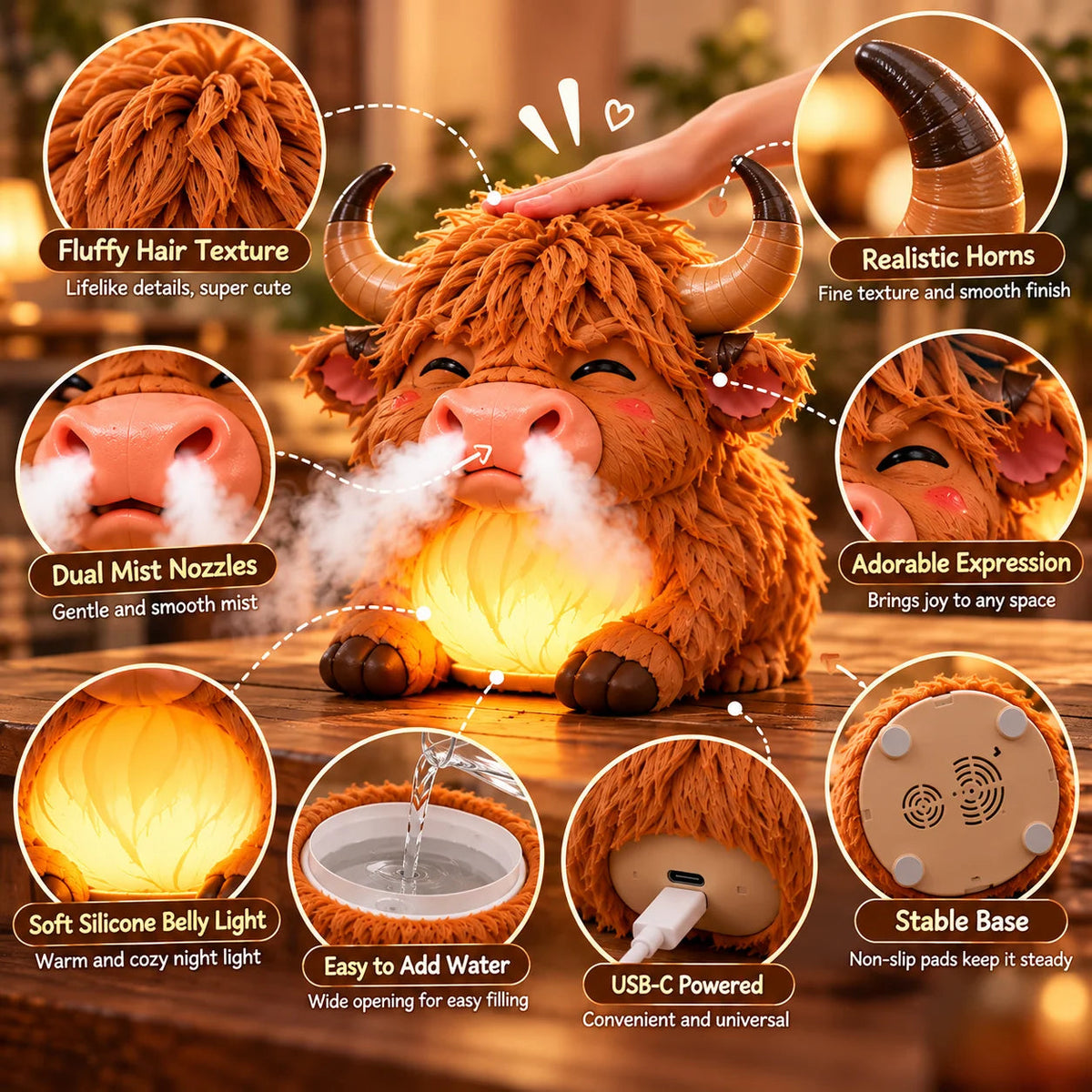 🐮 Highland Cow Tap-to-Puff Humidifier ✨ Cute Night Light & Gift