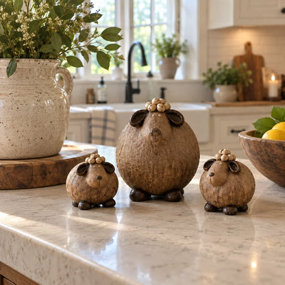🐏 Little Woolly Family – Whimsical Rustic Sheep Figurines, Set of 3