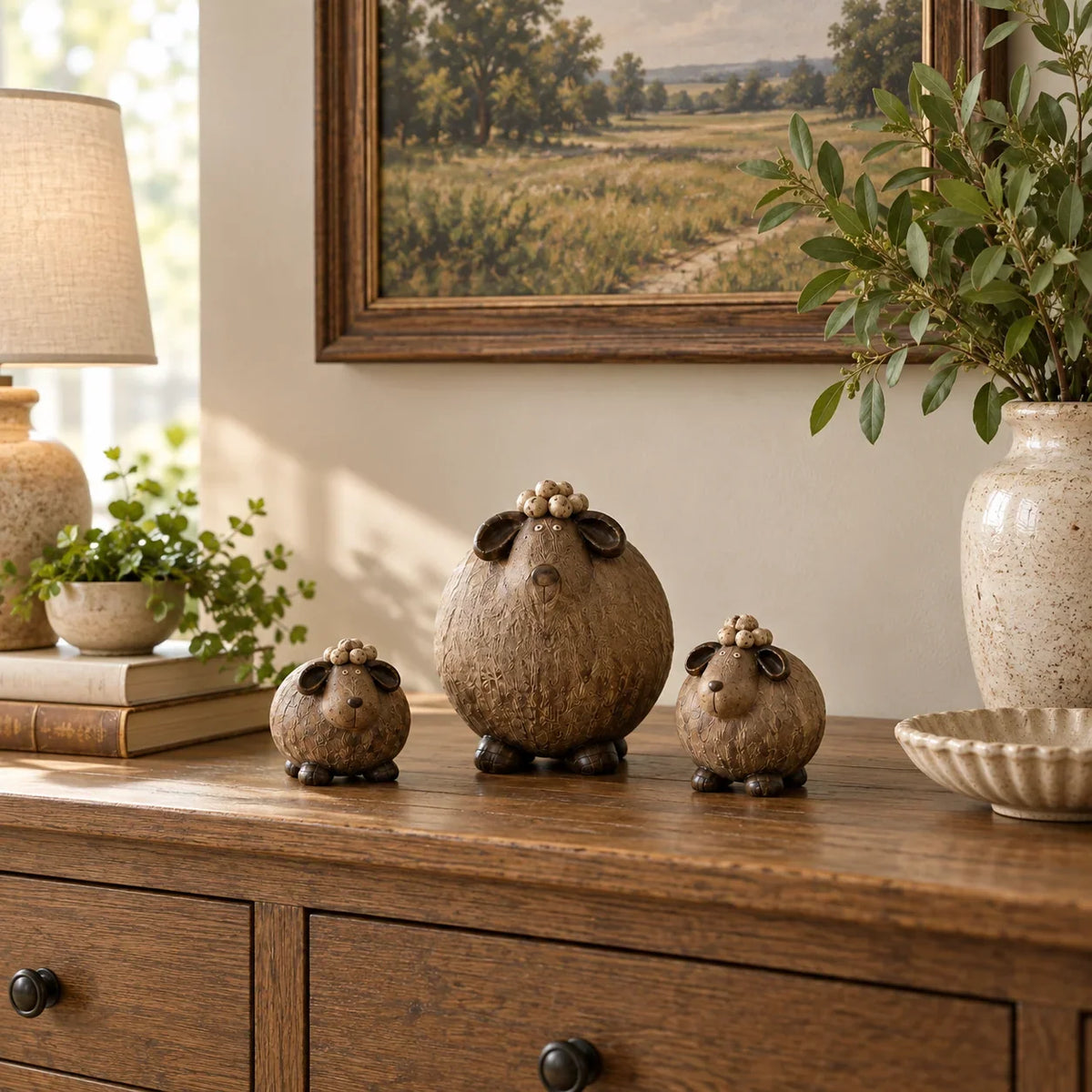 🐏 Little Woolly Family – Whimsical Rustic Sheep Figurines, Set of 3