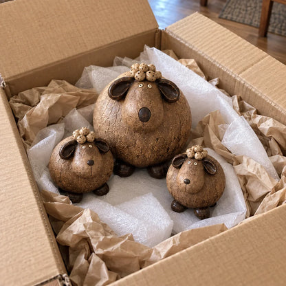 🐏 Little Woolly Family – Whimsical Rustic Sheep Figurines, Set of 3