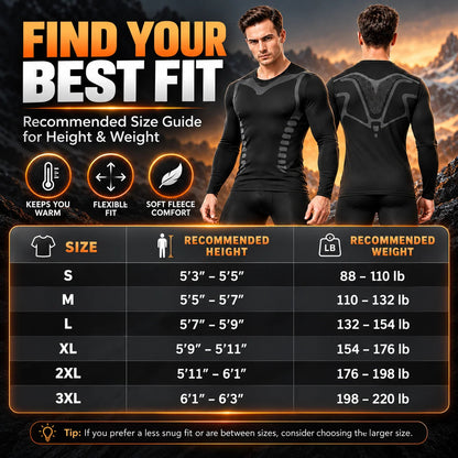 Men's Fleece-Lined Thermal Underwear Set – Warm Stretch Base Layer for Winter & Outdoor Activities