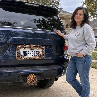 🐂 Texas Longhorn 3D Metal License Plate Frame & Hitch Cover Set – Vintage Western Cowboy Truck Decor & Gift