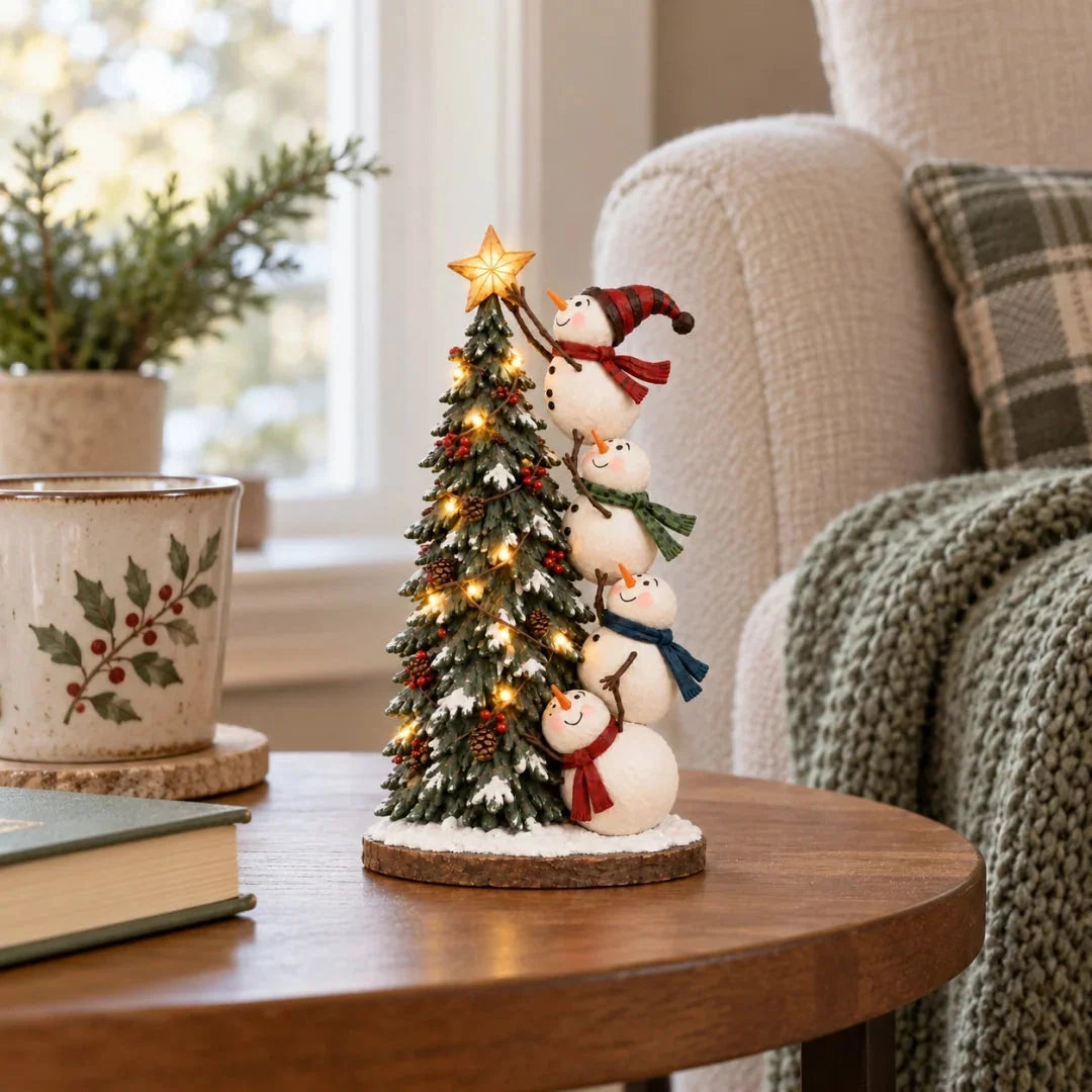 ⛄Snowmen Topping the Christmas Tree – Lighted Christmas Figurine