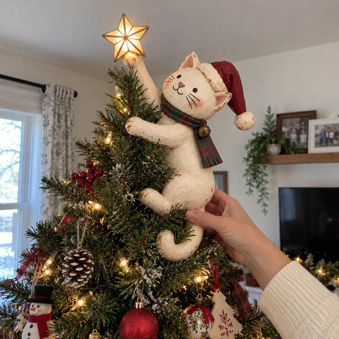 🐱 Vintage Lighted Cat Christmas Tree Topper – Climbing Kitty with Glowing Star, Santa Hat & Plaid Scarf 🎄✨