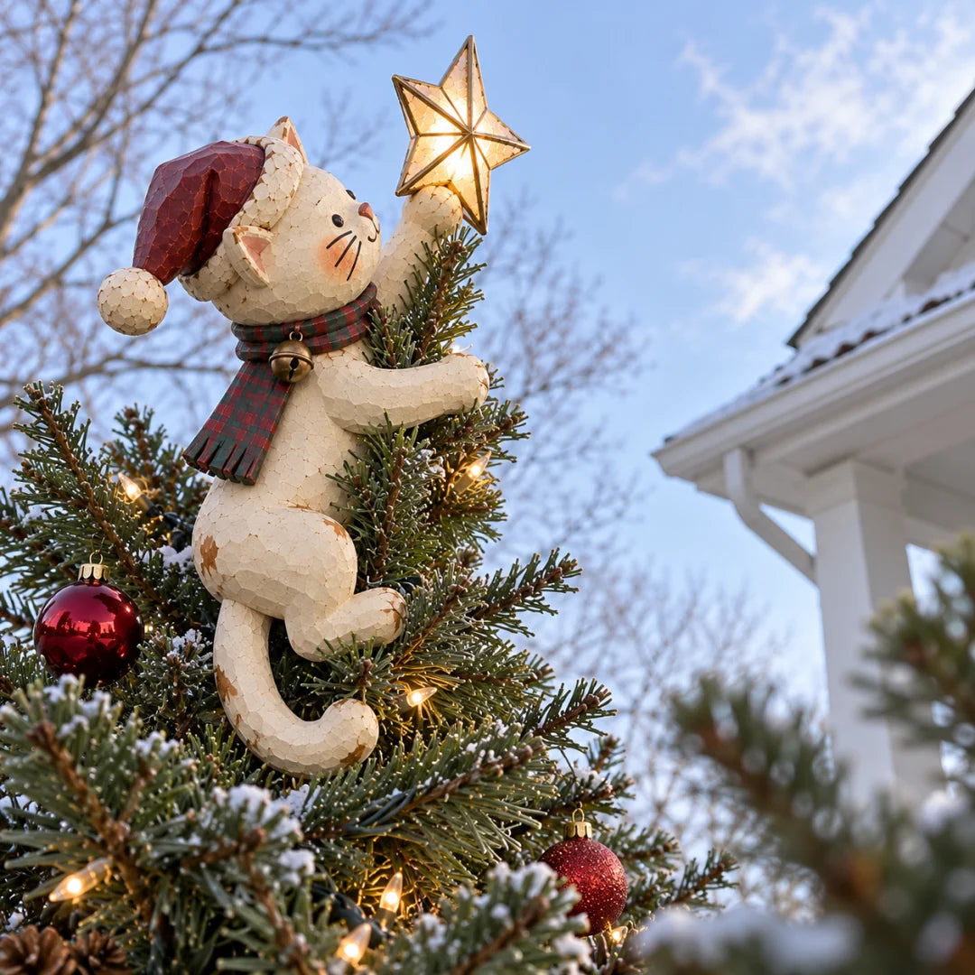 🐱 Vintage Lighted Cat Christmas Tree Topper – Climbing Kitty with Glowing Star, Santa Hat & Plaid Scarf 🎄✨