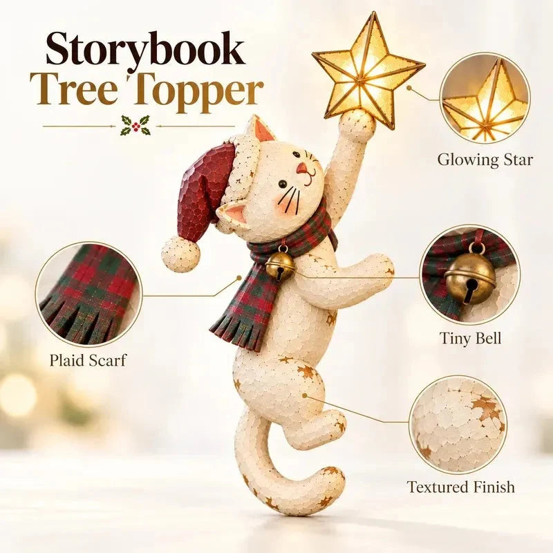 🐱 Vintage Lighted Cat Christmas Tree Topper – Climbing Kitty with Glowing Star, Santa Hat & Plaid Scarf 🎄✨
