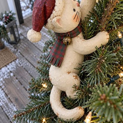 🐱 Vintage Lighted Cat Christmas Tree Topper – Climbing Kitty with Glowing Star, Santa Hat & Plaid Scarf 🎄✨