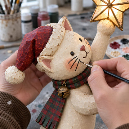 🐱 Vintage Lighted Cat Christmas Tree Topper – Climbing Kitty with Glowing Star, Santa Hat & Plaid Scarf 🎄✨