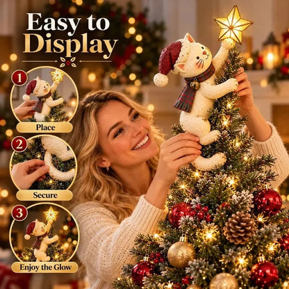 🐱 Vintage Lighted Cat Christmas Tree Topper – Climbing Kitty with Glowing Star, Santa Hat & Plaid Scarf 🎄✨