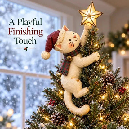 🐱 Vintage Lighted Cat Christmas Tree Topper – Climbing Kitty with Glowing Star, Santa Hat & Plaid Scarf 🎄✨
