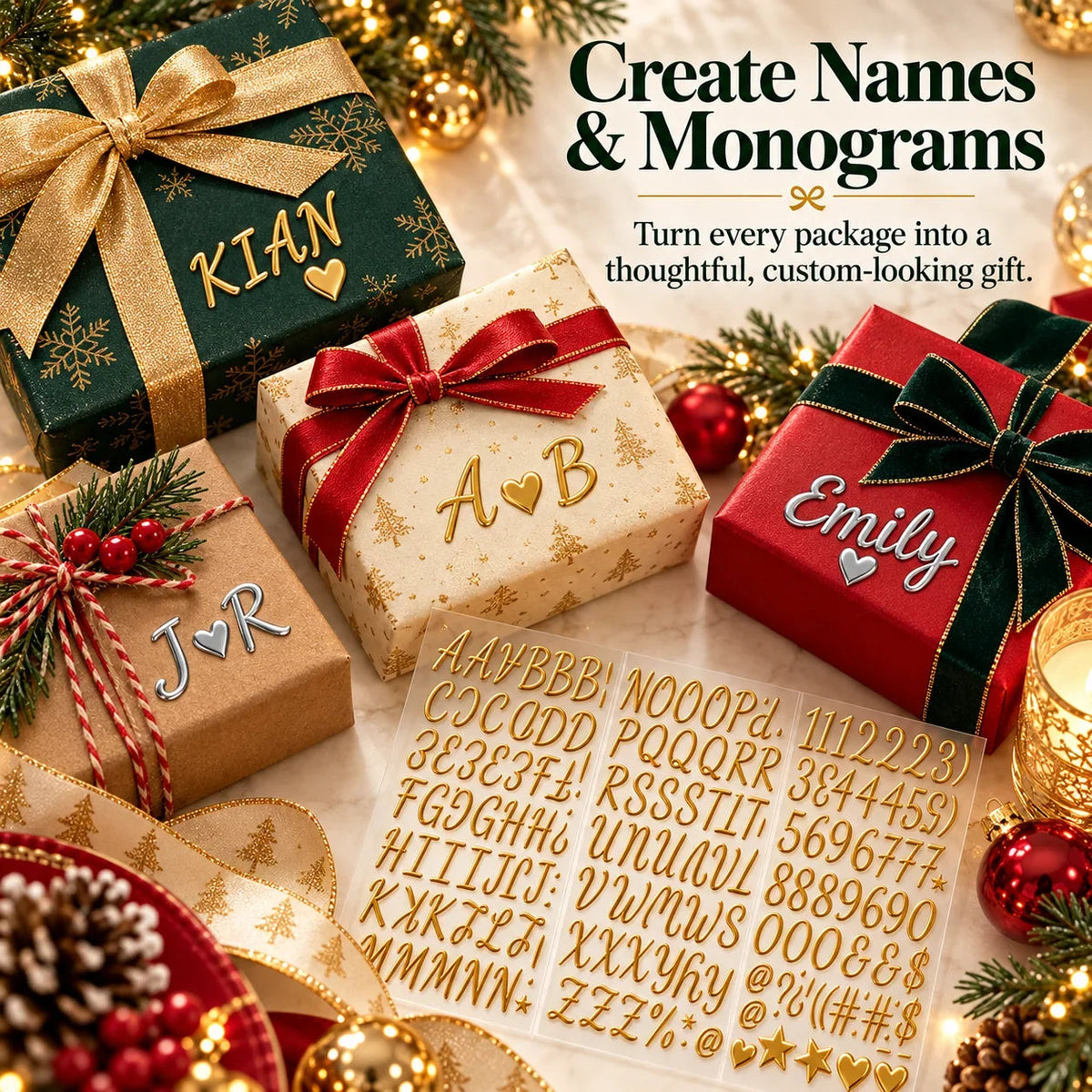 🎁✨ 3D Metallic Alphabet Stickers – Raised Letter, Number & Symbol Decals for Personalized Gifts, Cards & DIY Crafts 💖🎄 | 5 Colors