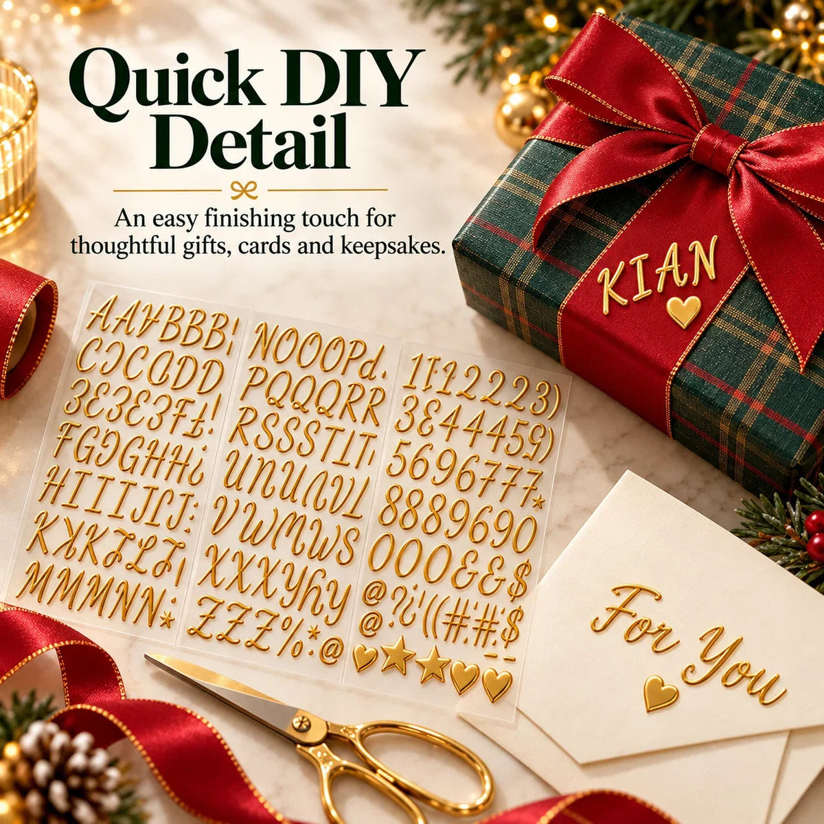 🎁✨ 3D Metallic Alphabet Stickers – Raised Letter, Number & Symbol Decals for Personalized Gifts, Cards & DIY Crafts 💖🎄 | 5 Colors