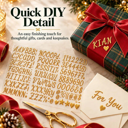🎁✨ 3D Metallic Alphabet Stickers – Raised Letter, Number & Symbol Decals for Personalized Gifts, Cards & DIY Crafts 💖🎄 | 5 Colors