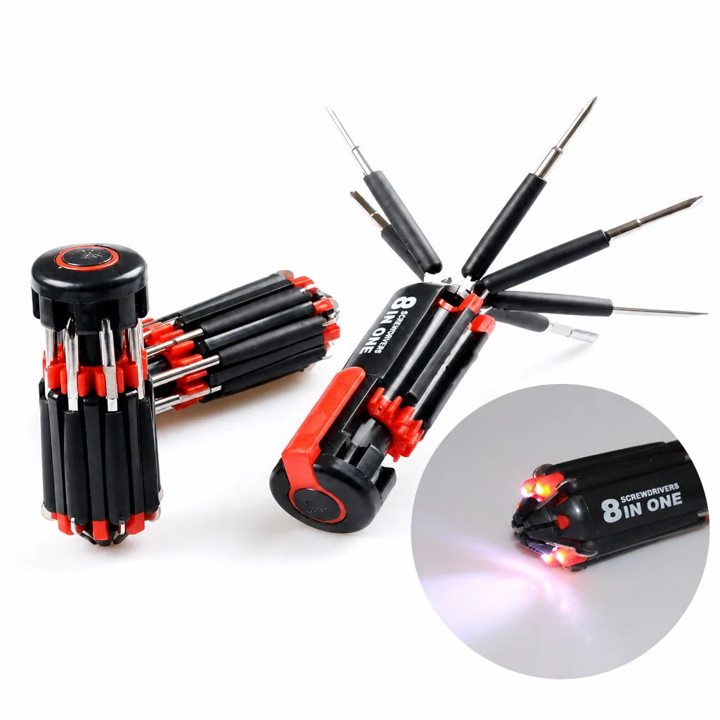 ⏰🔧8-in-1 Folding Screwdriver – Built-In LED Work Light & Flashlight