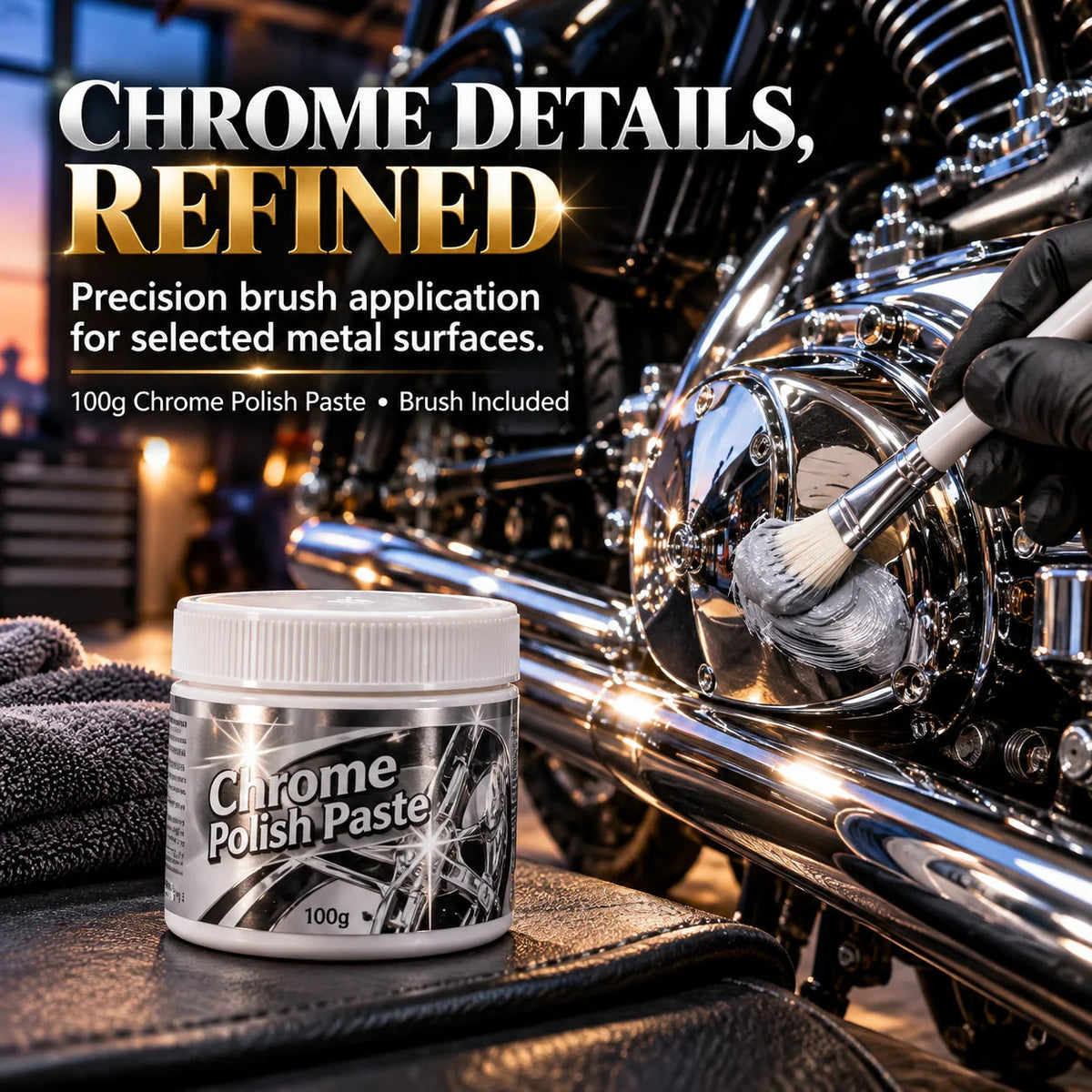 ✨ Chrome Polish Paste – 100g Metal & Chrome Polishing Paste with Application Brush for a Brilliant Mirror-Like Finish