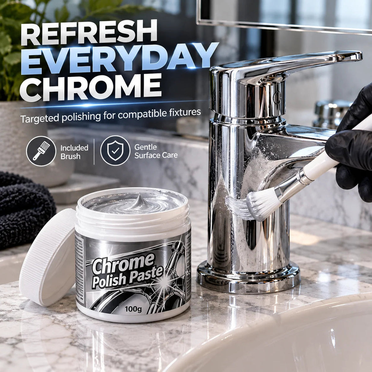 ✨ Chrome Polish Paste – 100g Metal & Chrome Polishing Paste with Application Brush for a Brilliant Mirror-Like Finish