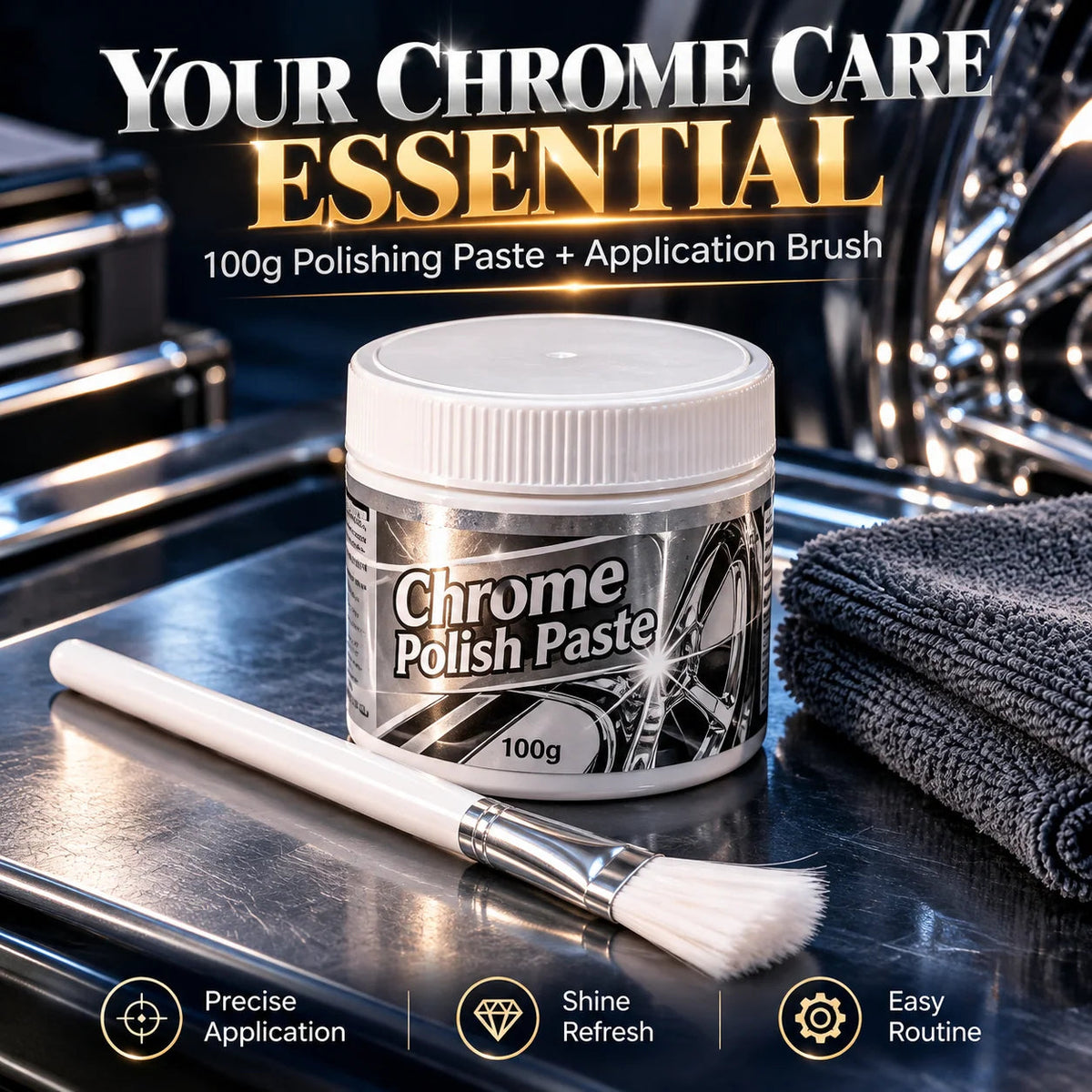 ✨ Chrome Polish Paste – 100g Metal & Chrome Polishing Paste with Application Brush for a Brilliant Mirror-Like Finish