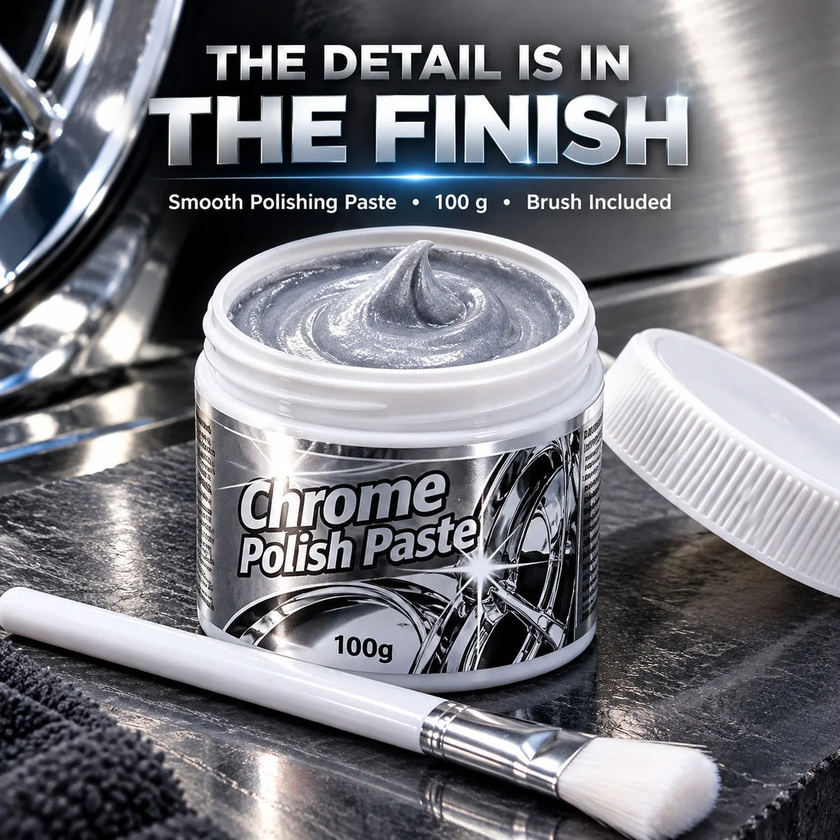 ✨ Chrome Polish Paste – 100g Metal & Chrome Polishing Paste with Application Brush for a Brilliant Mirror-Like Finish
