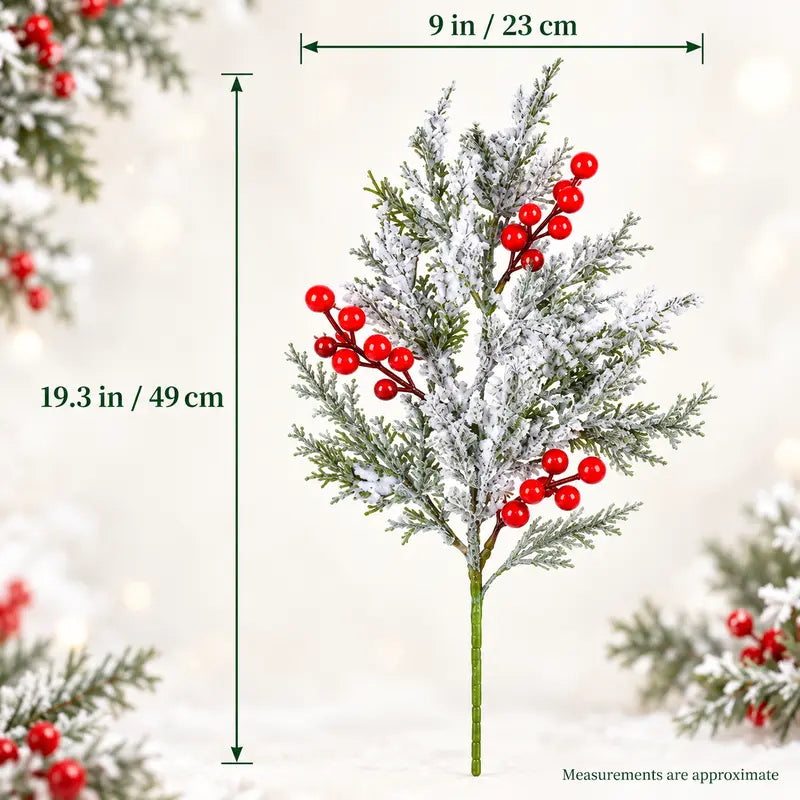 🎄🎅Artificial Frosted Christmas Pine-Cedar Stems with Red Berries, Snowy Evergreen Picks for Holiday Vase Decor