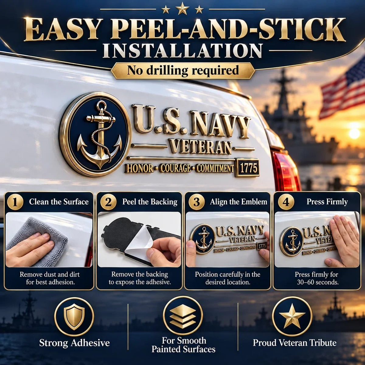 U.S. Navy Veteran Metal Car Emblem – 3D Adhesive Badge, No-Drill Military-Inspired Car & Truck Decoration