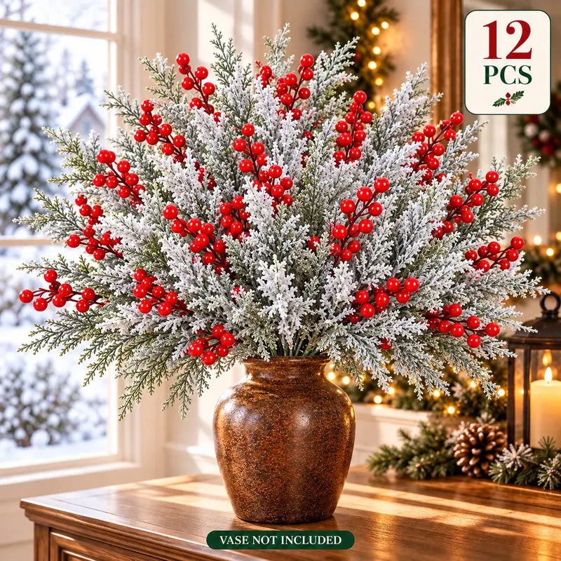 🎄🎅Artificial Frosted Christmas Pine-Cedar Stems with Red Berries, Snowy Evergreen Picks for Holiday Vase Decor